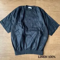 90s リネン100% ハーフボタン プルオーバーシャツ 光沢 短丈 裾リブのサムネイル