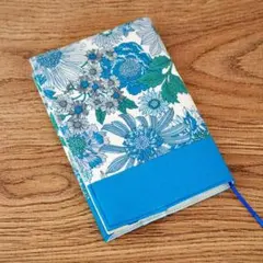 【文庫本】ゴムバンド栞付ブックカバー 手帳★アンティークフラワー 花柄★ブルー
