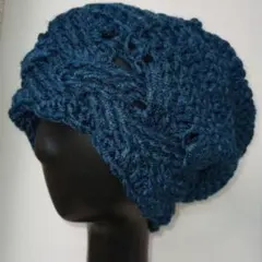 ダークブルー ケーブル編み ニット帽 ビーニー帽 医療用帽子 冬用