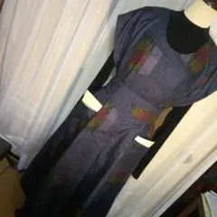 大島紬リメイクワンピース着物フレンチスリーブワンピースジャンパースカートL～LL