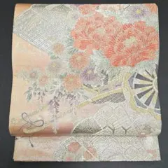 No.214 袋帯 六通 ピンク系 豪華刺繍 花車文様