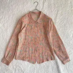 マニータ ツイードプリント ブラウス シャツ パワショル 昭和レトロ 日本製