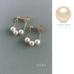 33｜ クリームローズ ピンク クリスタル パール フープ ピアス イヤリング