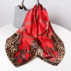 春祭限定 レオパード柄チェーンモチーフ赤スカーフ 大判 約：90cmx 90cm