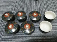 九谷焼　青粒鉄仙　湯呑み　7客セット 蓋5個　中古