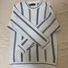 ケーブル編み グレー ホワイト ストライプ セーター　古着