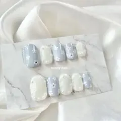 【オーダー】ネイルチップ　春ネイル　花柄ネイル　水色ネイル　ホワイトネイル