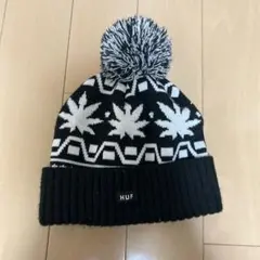 HUF リーフ柄 ニット帽 O/S ブラック/ホワイト