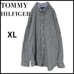 TOMMYHILFIGERトミーヒルフィガー刺繍ロゴチェック柄長袖シャツXL紺