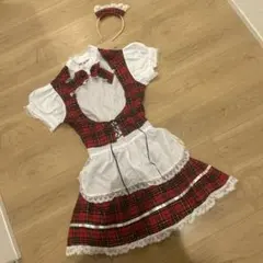 キ*中様 レディース　コスプレ　メイド　フリル　レース　チェック　赤　可愛い