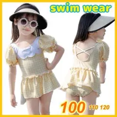 水着 女の子 キッズ 100 ワンピース チェック 帽子付き パフスリーブ 夏