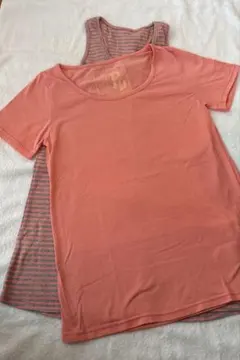 ピンク 半袖Tシャツとストライプキャミソールセット