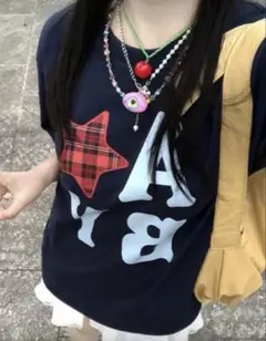ネイビー 星型プリント 半袖Tシャツ