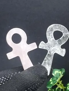 天然石　ローズクォーツ　水晶　ミニ　アンククロス　２個セットNo.1349