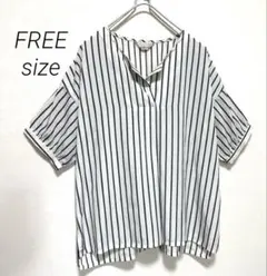 アンディコール スキッパーシャツ ブラウス ストライプ 5分袖 ゆったり Fのサムネイル