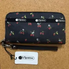 新品ダグ付　レスポートサック　長財布　イチゴ柄　フルーツ　濃紺　ストラップ付