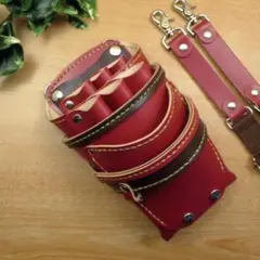 ☆ハンドメイド☆　赤色＆焦げ茶　６丁差し　本革シザーケース　SCA-53/CRA