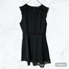 J938 ザラ レース切替ノースリーブワンピース 黒 M クロシェ編み ミニ丈