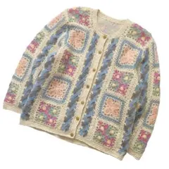美品 鍵編み 花柄 ビンテージ ニット カーディガン 古着 レトロ 金ボタン