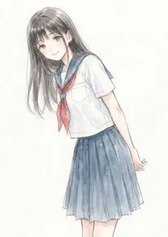 3849 前かがみで微笑む黒髪の美少女 白セーラー服 水彩画風 - メルカリ