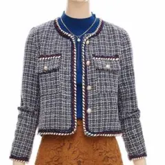 ツイードノーカラージャケット ネイビー系