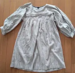 ストライプ 七分袖 ベージュワンピース