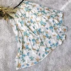 アリシアページボーイ　シアーフレアロングスカート（F）花柄アシメ白a1365