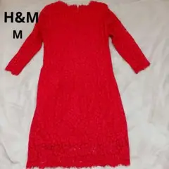 H&Mレースデザイン 赤 長袖 ひざ丈ワンピース