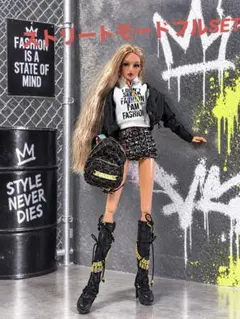 新品✨ストリートモード ドール服セット！黒ジャンパー・リュック・ブーツ付