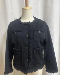 フリンジ付きノーカラージャケット/ブラックデニム