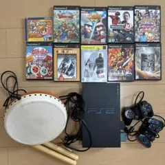 PlayStation 2 本体+ソフト10本+コントローラー2個+太鼓の達人