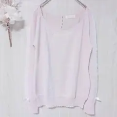 フェルゥ レース＆リボン切替 ニット トップス ピンク 袖口リボン バックボタン