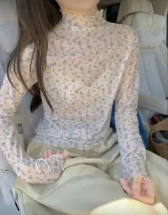 SHEIN シアー ハイネック Tシャツ 花柄