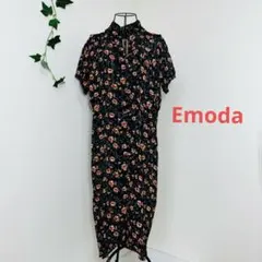 エモダ　Emoda 花柄 半袖 シアー　ロングワンピース ブラック