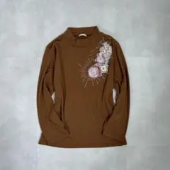 モックネック カットソー 茶 ビジュー ラインストーン きれいめ 上品 古着