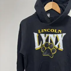 US古着LICOLNプリント犬足あとフード付きパーカー 黒ブラック