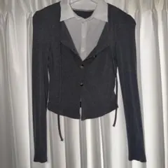 シャツ グレーニット レイヤードトップス 長袖