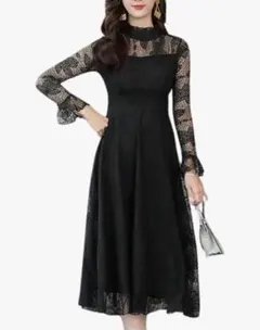 ブラックレーススリーブパーティードレス