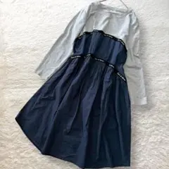 COCON 切替カットソーワンピース 長袖 薄手 ネイビー グレー L ゆったり