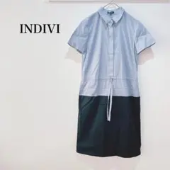 インディヴィ 半袖シャツワンピース コットン バイカラー カジュアル 無地 S