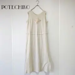 ポテチーノ ノースリーブロングワンピース　綿100％　リゾート　コサージュ