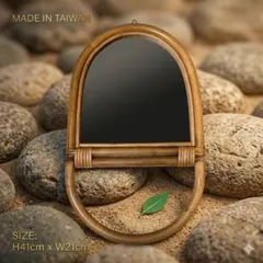 【レア】ラタン ヴィンテージ 壁掛けミラー 可動式ハンガー付 籐製