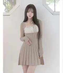 ネックリボンデザインフレアニットミニワンピース