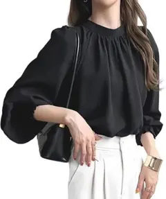 上品シフォンギャザーブラウス ブラック　オフィスカジュアル　大人かわいい