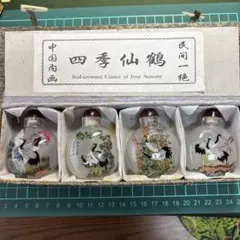 【骨董品】四季仙鶴 小瓶 中国工芸品 中国内画 水晶烟壺