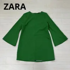 ZARA ひざ丈ワンピース 長袖 丸襟 緑 グリーン ポリエステル レーヨン S