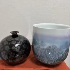 藤井朱明 壺 飾り壺 花器 日展人気作家 有田焼 朝日と天目梅花瓶2点