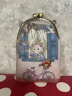 ハンドメイド　がま口ショルダー　ジョリーフルール コラコラ猫　12.5