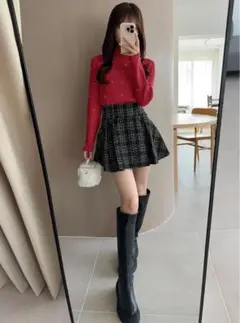 赤 パール装飾 長袖ニット Fサイズ