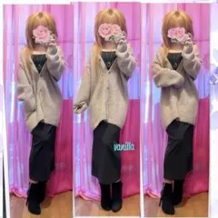 オープンショルダー ボリュームニットカーデ ワンピース お姉ギャル コーデセット